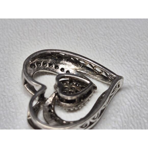 VTG Sterling Silver Faux Diamonds Inlay Double Heart Pendant - Picture 3 of 4